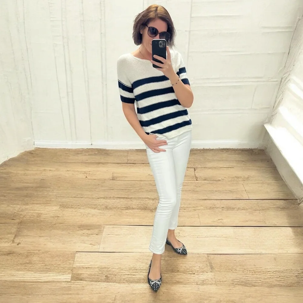 Loro Piana 100% cotton navy blue cream white nautical striped sweater top 46 10 - Picture 9 of 9